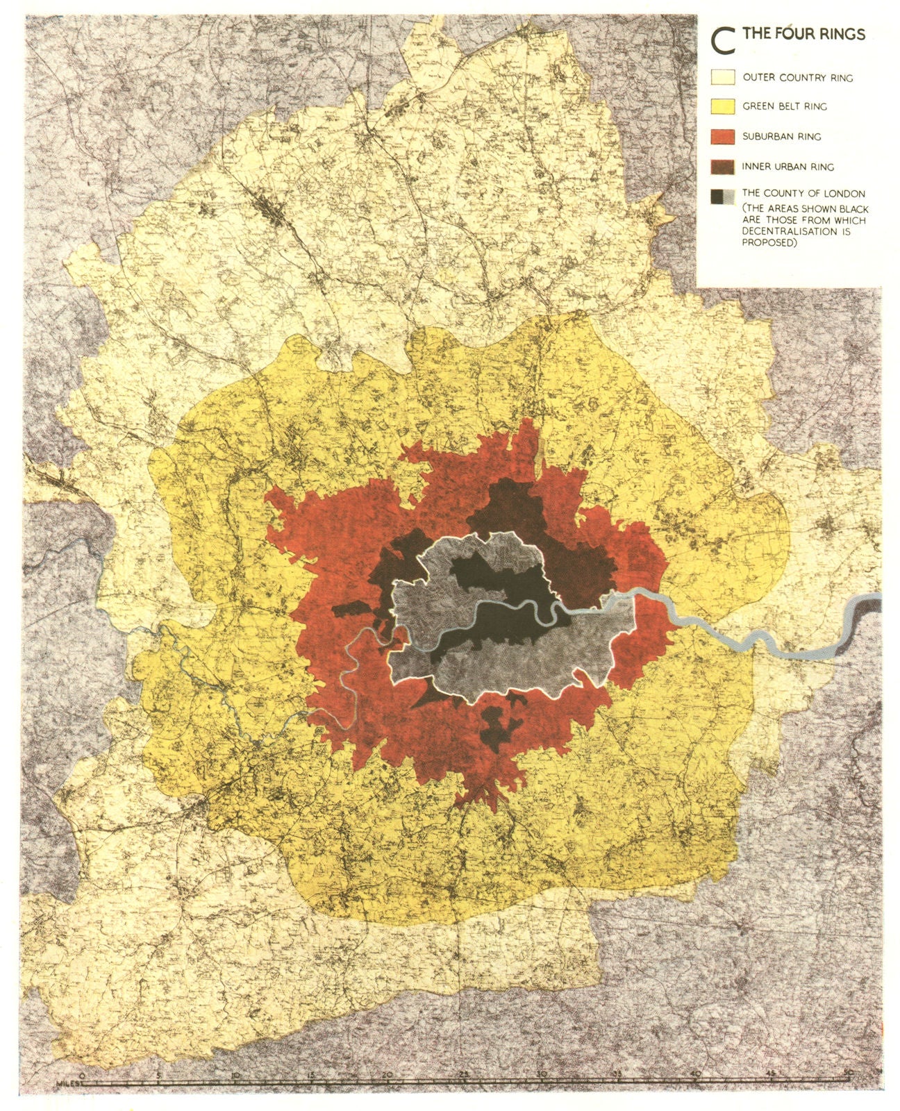 GREATER LONDON PLAN. Four Rings. Green belt sub/urban. ABERCROMBIE 1944 map